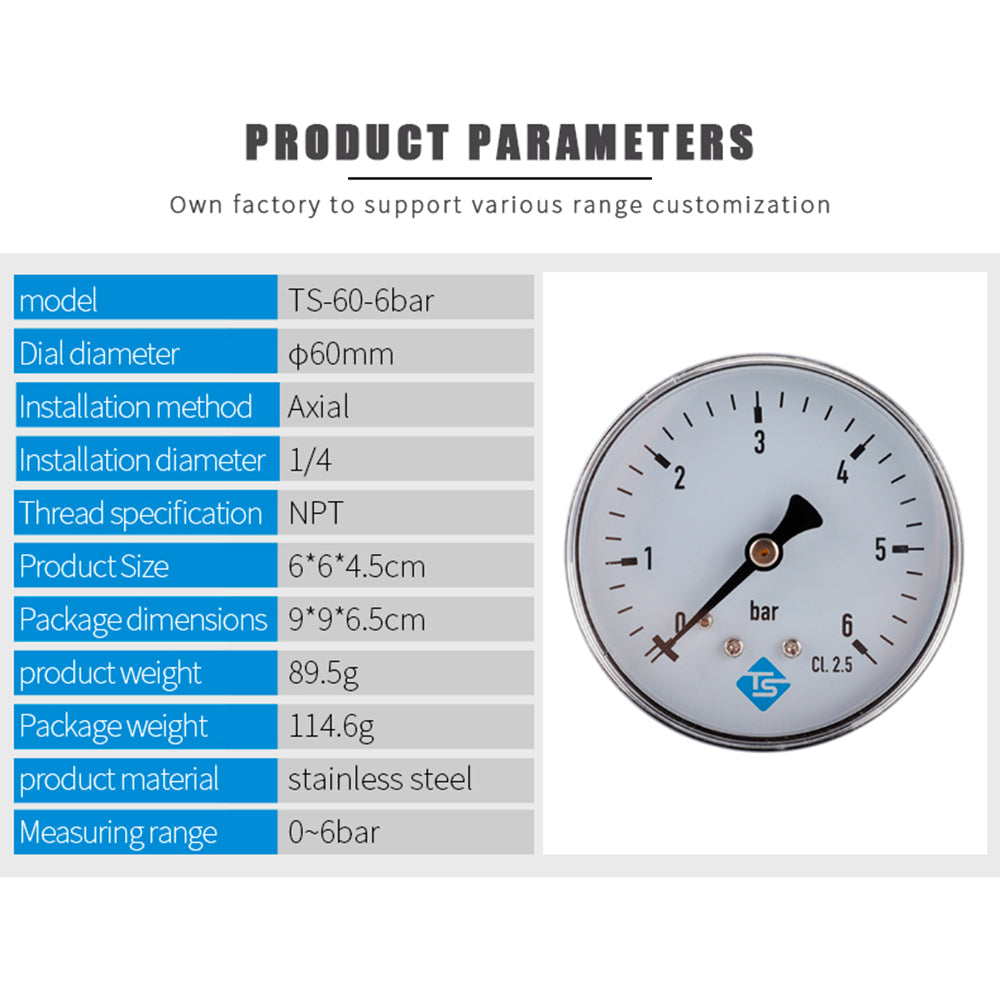 TS-60-6bar High Precision 60mm Large Dial Pressure Gauge 0-6 Bar Water / Gas / Air Pressure Measurement Tool with 1 / 4inch NPT Bottom Mount TS-60-6bar High Precision 60mm Large Dial Pressure Gauge 0-6 Bar Water / Gas / Air Pressure Measurement Tool with 1 / 4inch NPT Bottom Mount